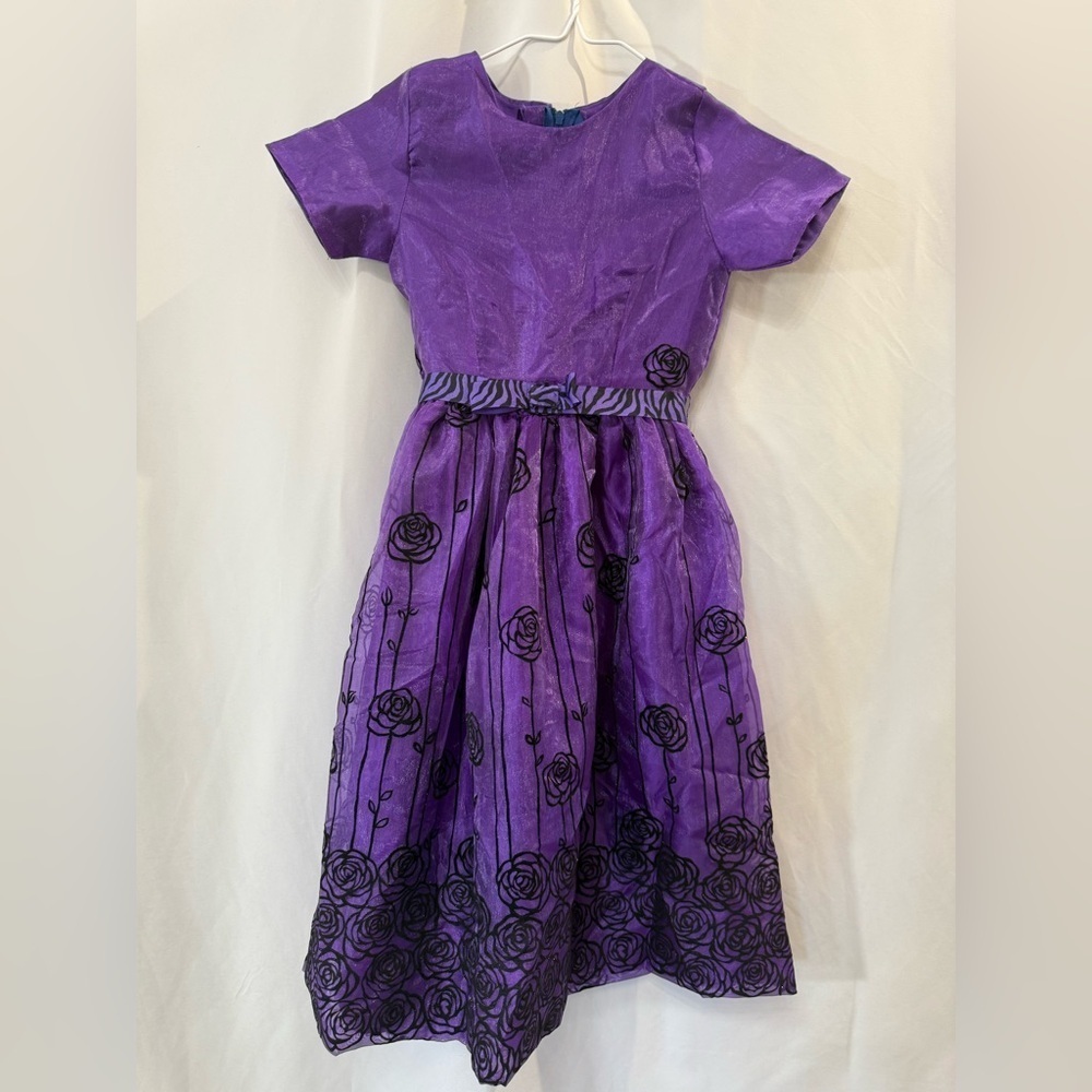 Girls Purple Organza Rose Print Party Dress Size 4
